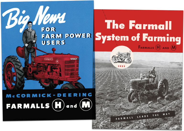 1939 Farmall H and M ad with a man riding a tractor and 1939 ad for the second generation of Farmall H and M models