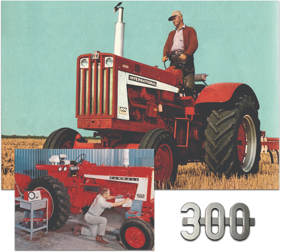 1954 Farmall tractor being utilized by farmer; 1954 Farmall tractor being well maintained by owner; Farmall 300 series logo circa 1954