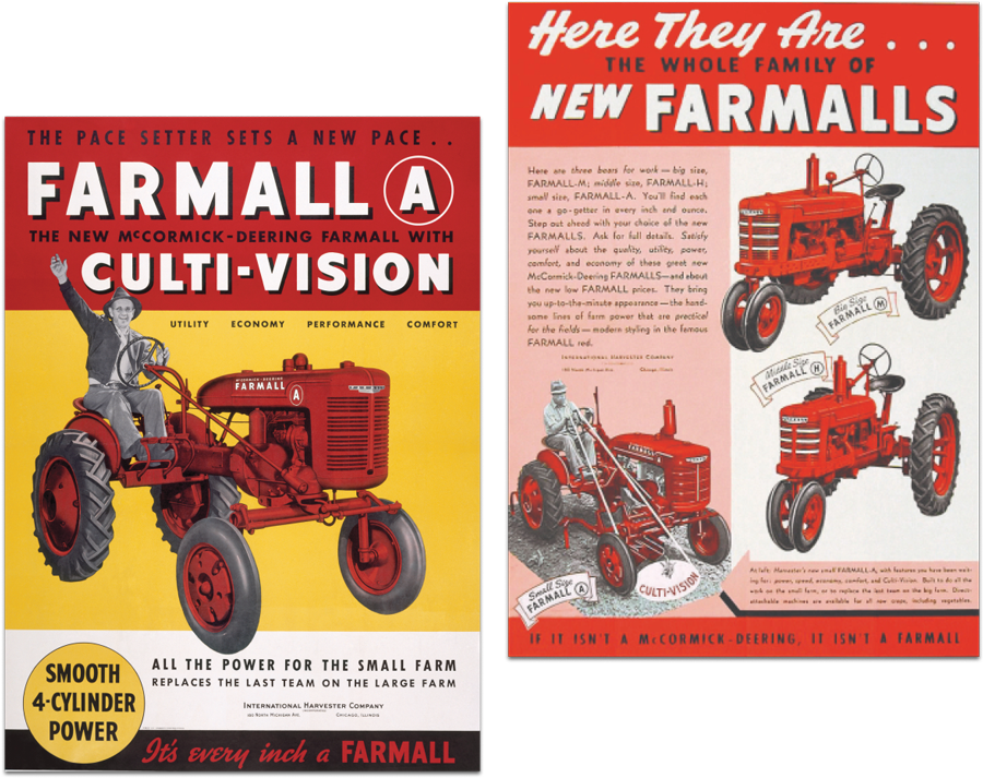 1939 Farmall A "Culti-Vision" ad; 1939 Farmall family ad featuring the Farmall A, Famrall B, and Farmall H