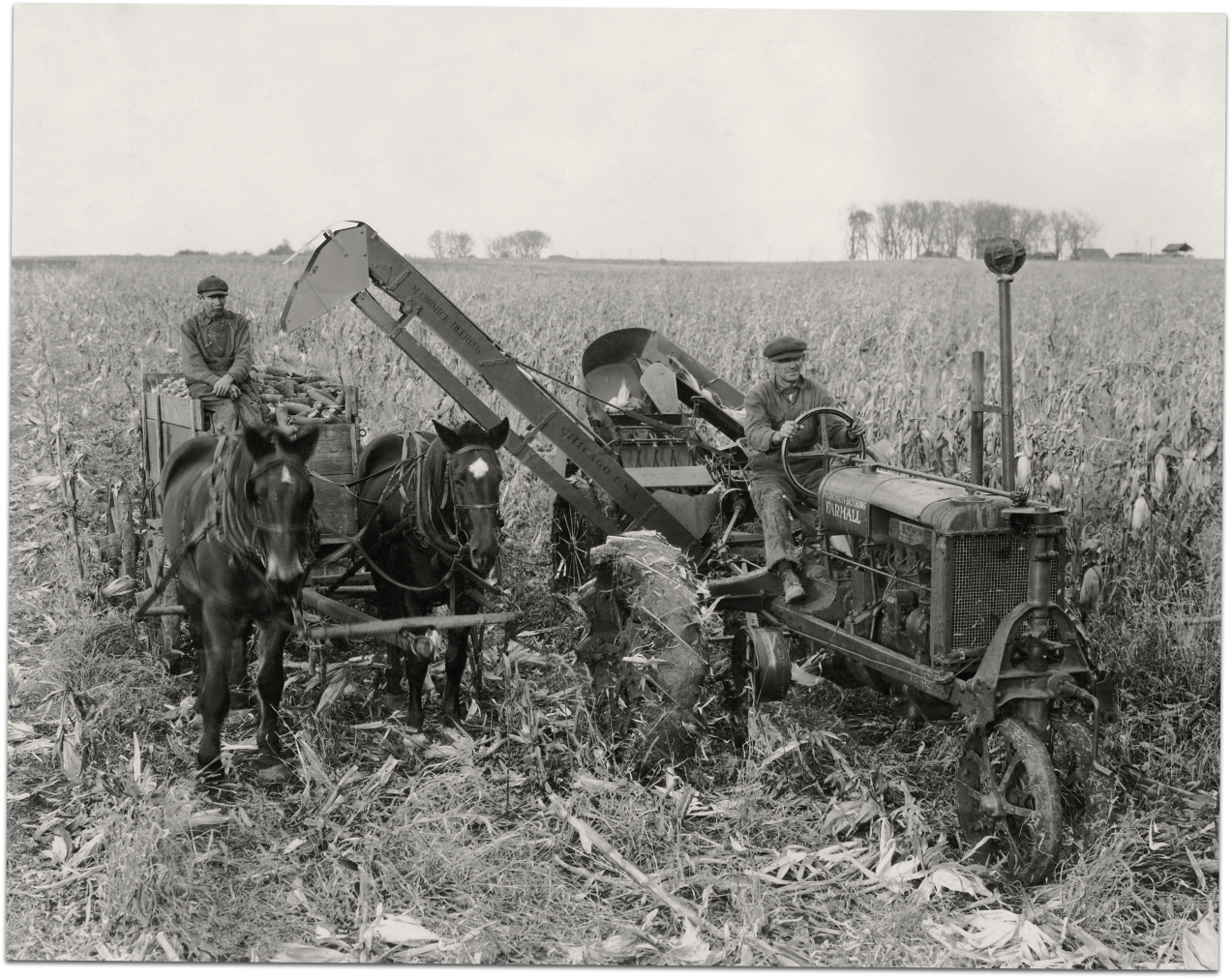 Black and white image of a 1932 Farmall F series harvesting corn followed by a horse drawn wagon